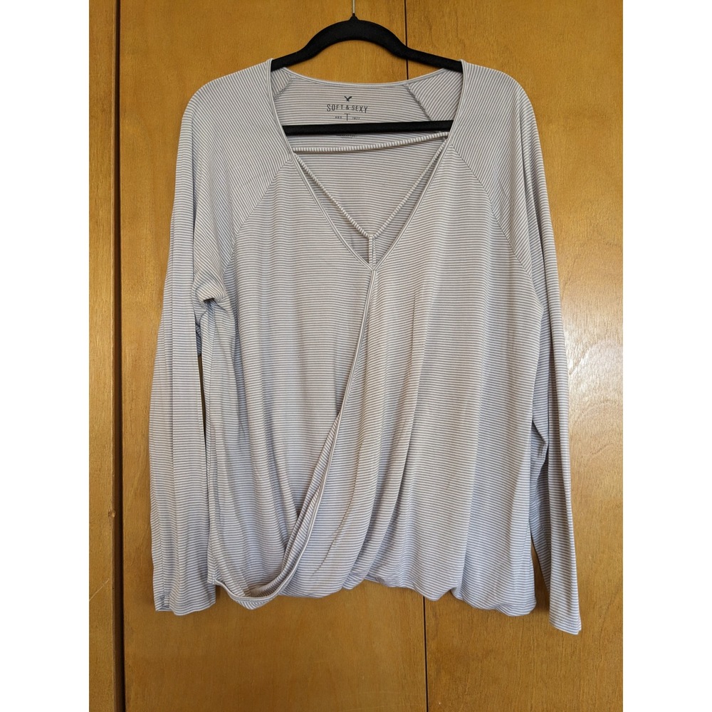 American Eagle Soft & Sexy Striped Wrap Front V-Neck Top Grey White XL